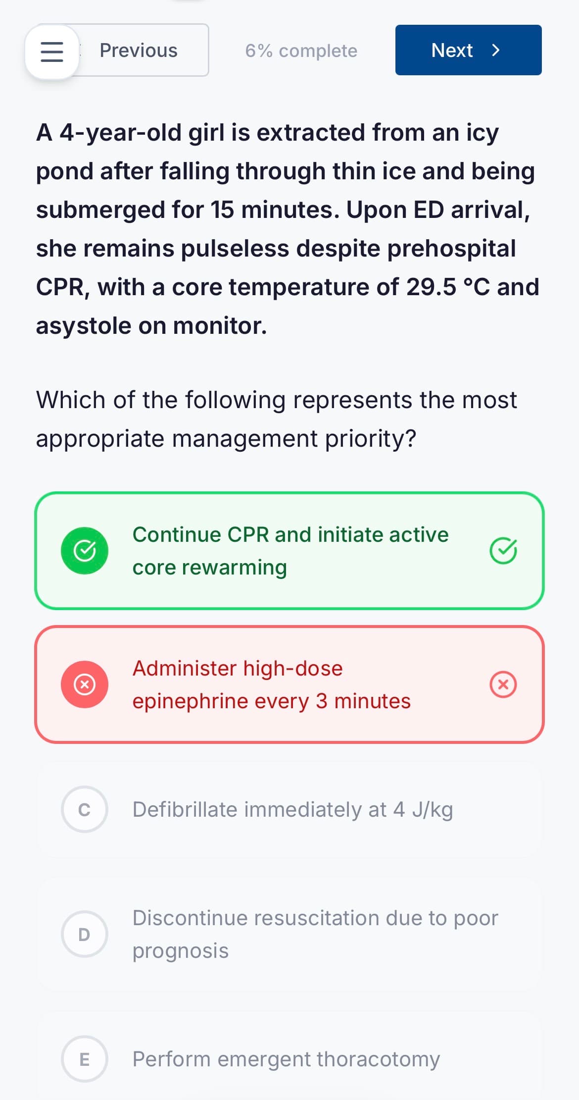 A CourseHost clinical question on mobile showing correct and incorrect answer feedback
