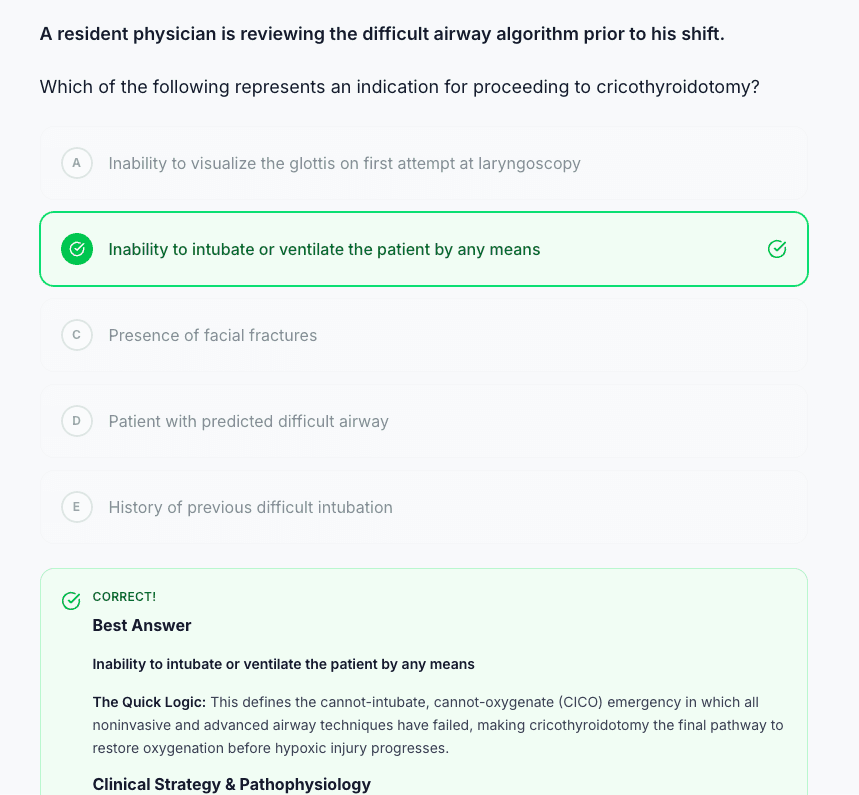 A real CourseHost QBank question with the correct answer highlighted and its explanation